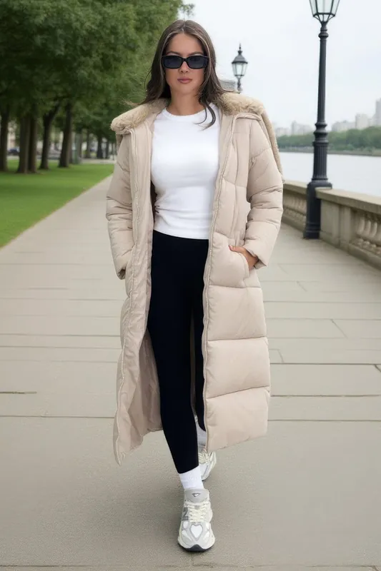 Cream Split Hood Longline Puffer Coat - AX Paris