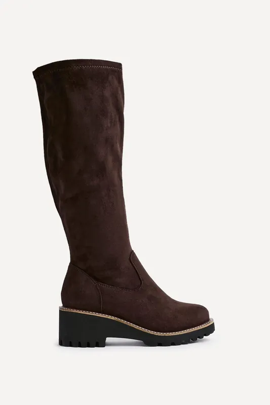 Maintain Wide Fit Brown Faux Suede Stretch High Leg Wedge Boot - Linzi