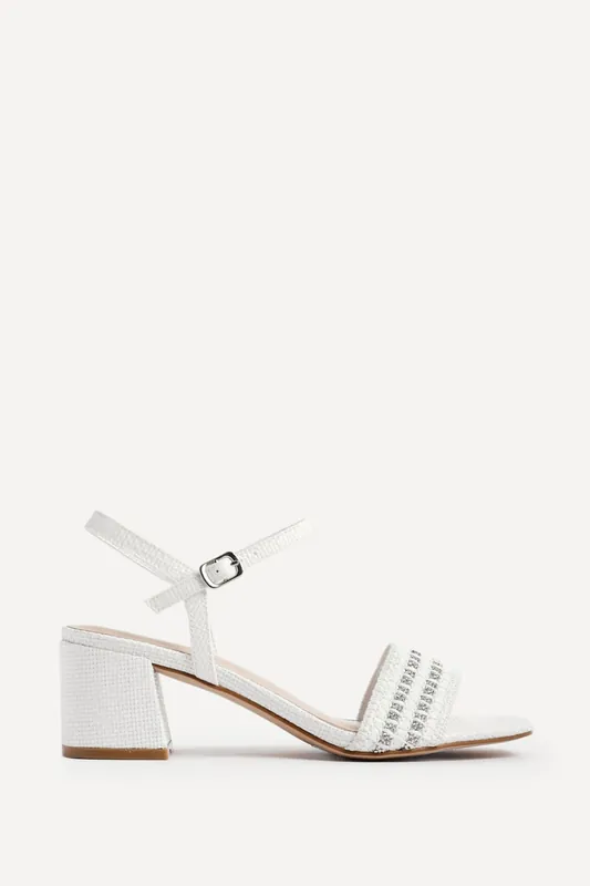 Indie White Raffia Diamante Block Heeled Sandals - Linzi