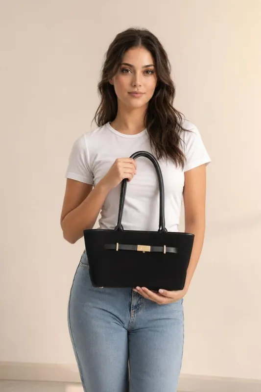Faux Suede Top-Handle Shoulder Bag - Black