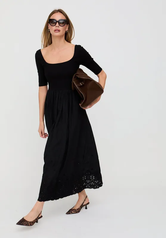 Sydney Short Sleeve Jersey Bodice Embroidered Midi Dress In Black - Lily and Lionel