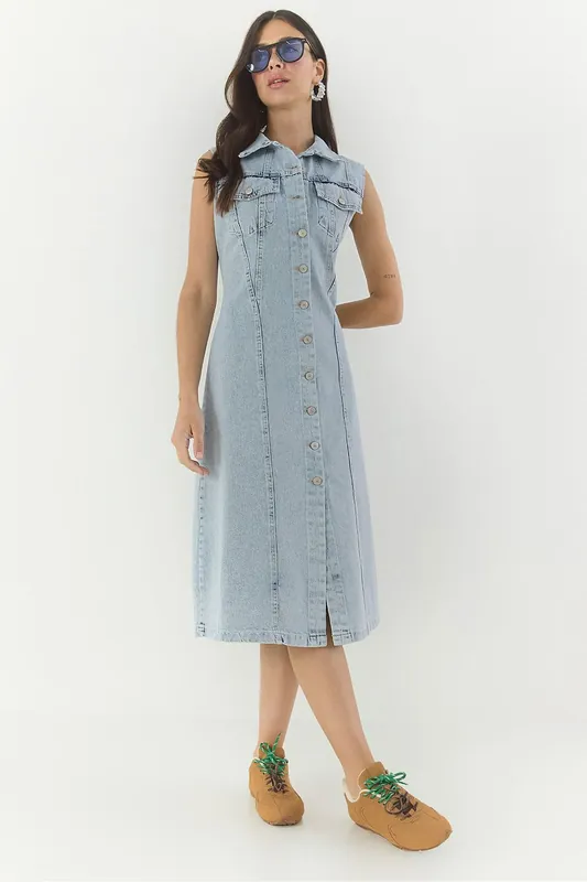 Fitted Denim Midi Dress with Button Closure - Bianco Lucci