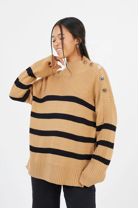 Button Detail Striped Turtleneck Jumper - Brave Soul