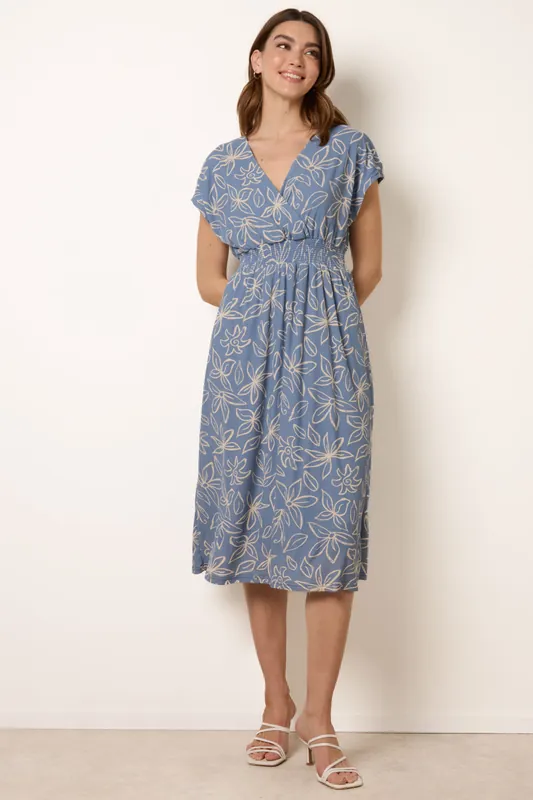 Blue Floral Wrap Front Elasticated Waist Midi Dress - Blue Vanilla