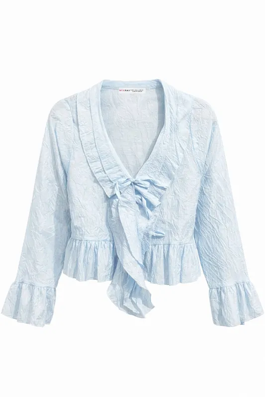 V-Neck Ruffle Blouse with Drawstring