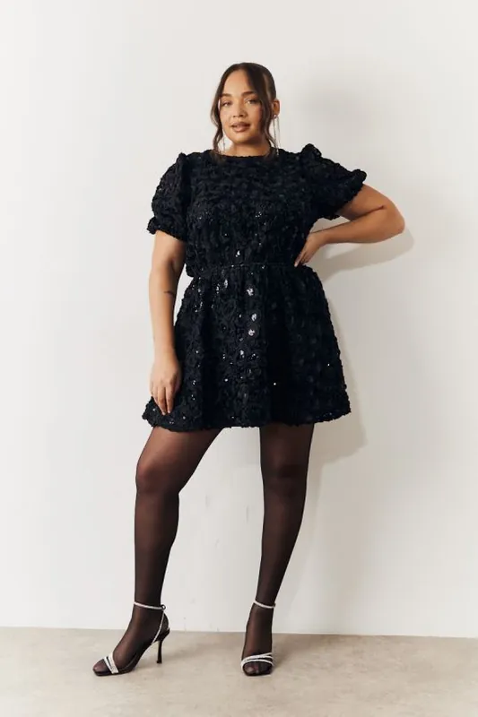 Black Sequin Floral Applique Fit and Flare Mini Dress - In The Style