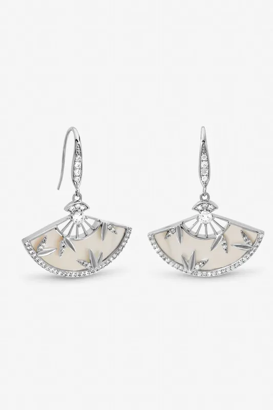 Rhodium Plated Mother of Pearl Fan Earrings - Jon Richard