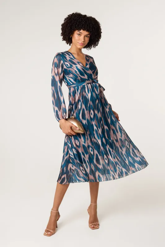 Teal Crossover Metallic Pleated Dress - Blue Vanilla