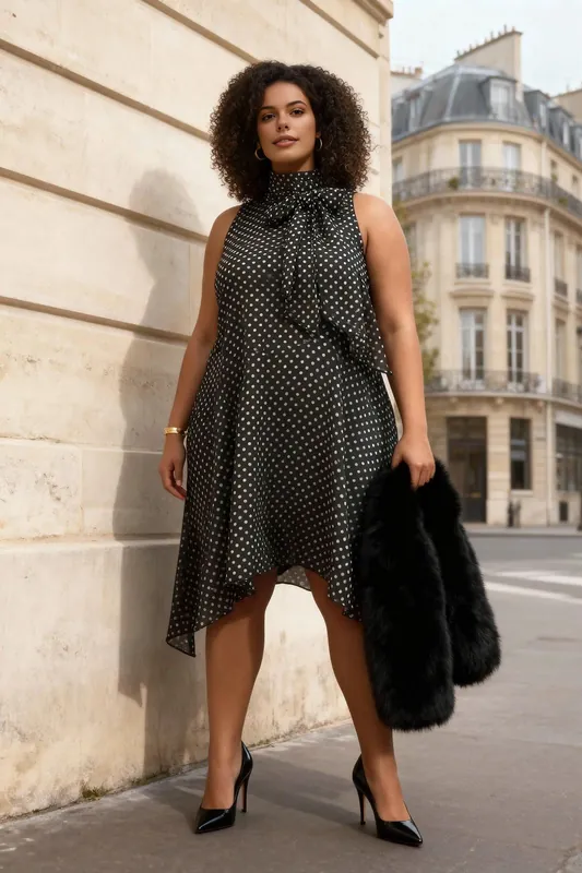 Tie Neck Polka Dot Fluid Asymmetric Dress - WOVCOR