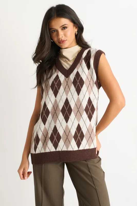 Chocolate Argyle Knit Vest Jumper - Gini London