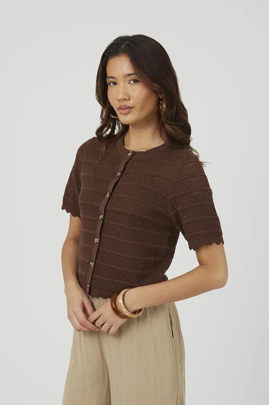 Short Sleeve Stitch Detail Crew Neck Cardigan - Brave Soul