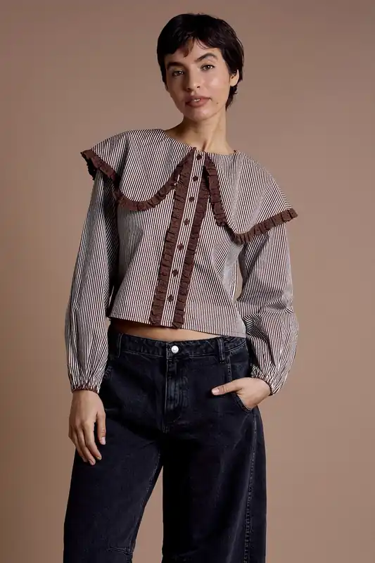 Cotton Stripe Oversized Collar Blouse - Neon Rose