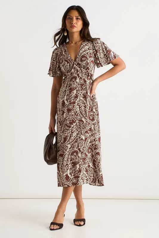 Chocolate Paisley Print Ruffle Midi Dress - Gini London