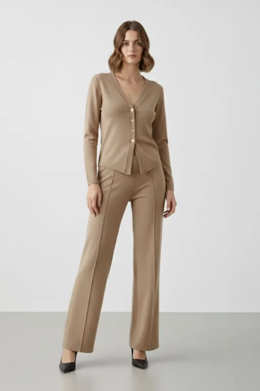 Long Sleeve Button-Up Top and Wide Leg Trouser Co-ord Set