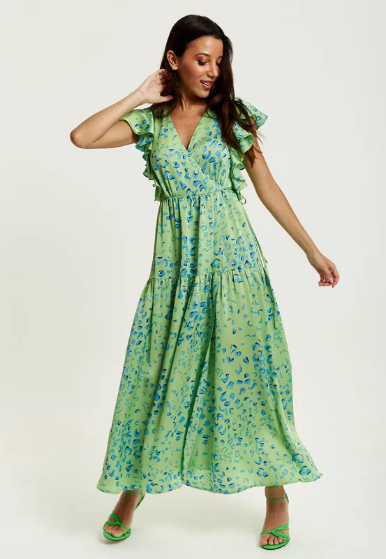 Animal Print Maxi Wrap Dress In Sage - Liquorish