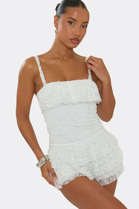 Strappy Straight Neck Ruffle Lace Playsuit - EGO
