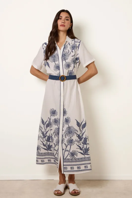 White Tropical Palm Embroidery Dress - Blue Vanilla