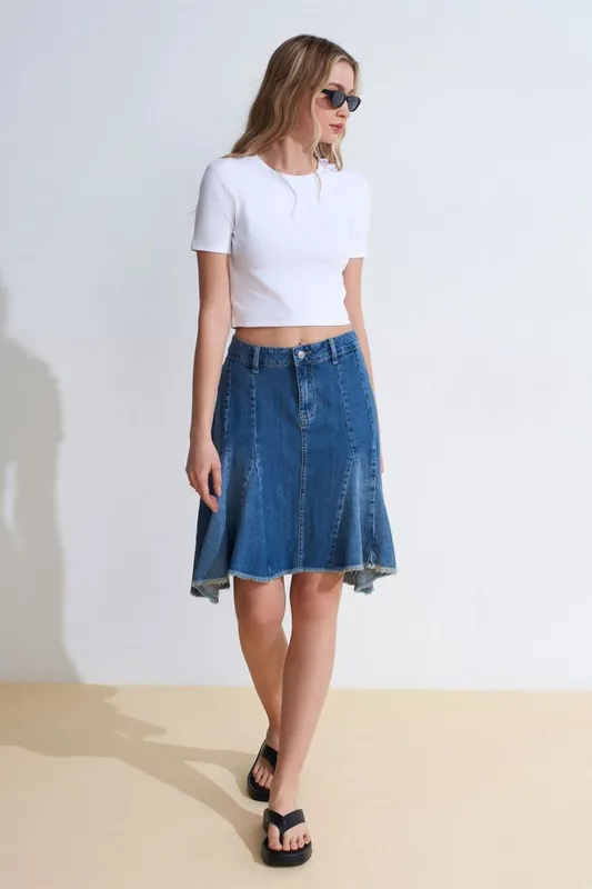 High-Waist Midi A-Line Denim Skirt