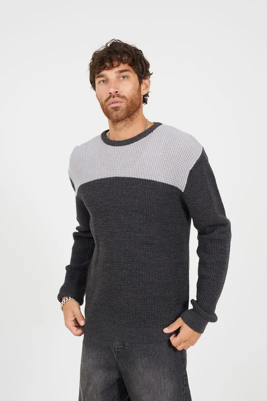 Crew Neck Knit Jumper with Contrast Panel - Brave Soul
