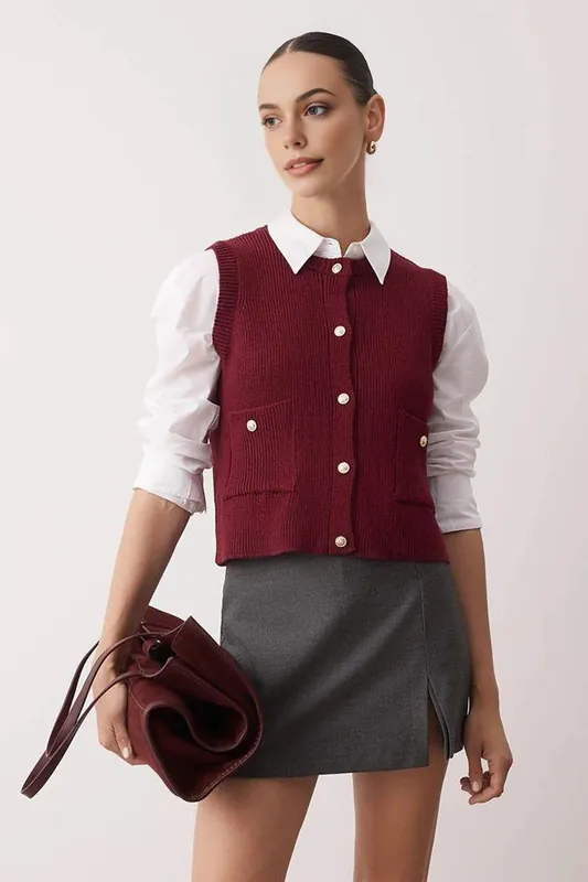 Button-Up Ribbed Knit Cropped Sweater Vest