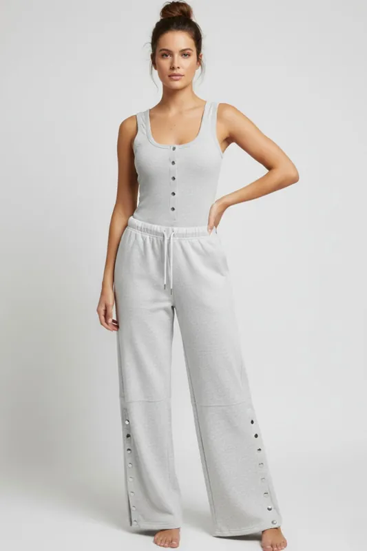 Button Detail Ribbed Bodysuit and Fleece Jogger Two-Piece Set