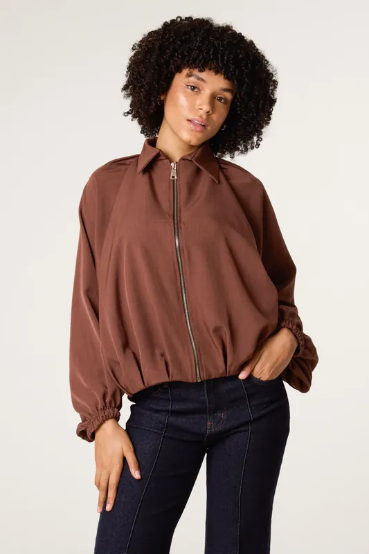 Brown Drape Puffball Zipper Jacket - Blue Vanilla