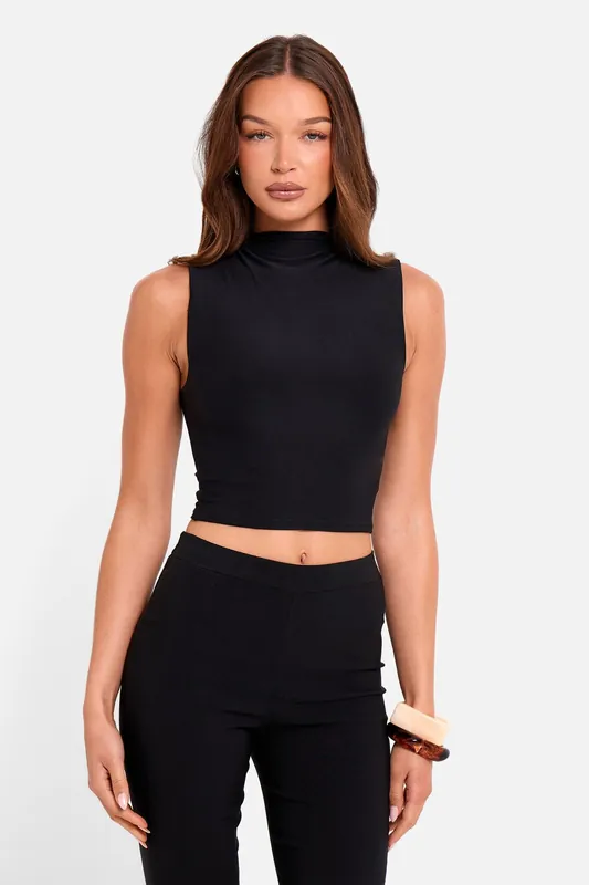 High Neck Luxe Slinky Crop Top Black - Public Desire