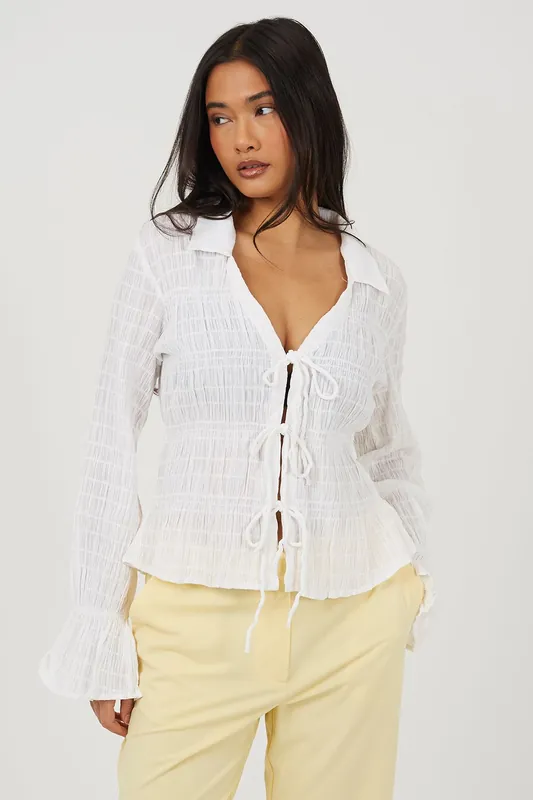 Long Sleeve Tie Front Smock Top - Brave Soul