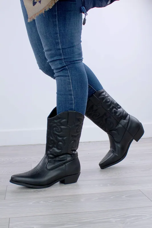 Low Cuban Heel Cowboy Western Calf Boots - AJVANI