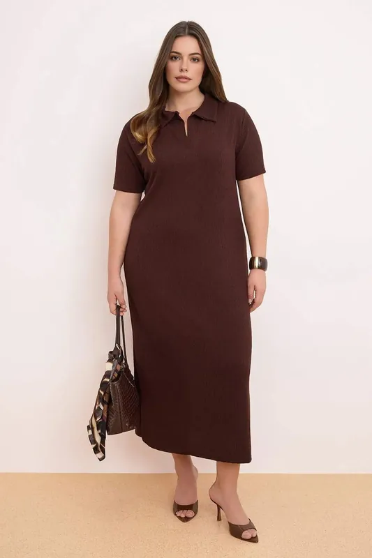 Polo Collar Ribbed Knit Maxi T-Shirt Dress