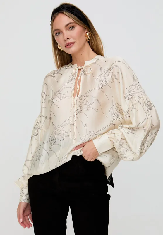 Rosetti Billowy Sleeves Hand Drawn Floral Print Blouse In Cream - Lily and Lionel