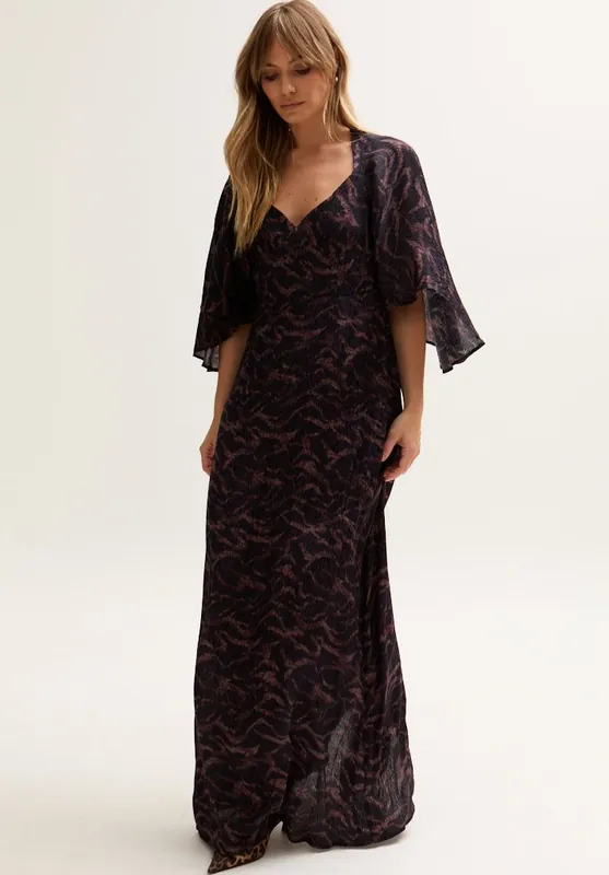 Lydia Angel Sleeve Midnight Tiger Print Maxi Dress In Brown - Lily and Lionel