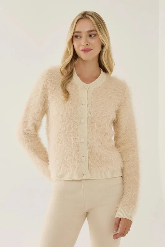 Textured Knit Cardigan with Crew Neck - Hiccup