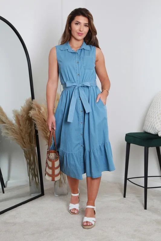 Belted Denim Chambray Shirt Dress - DOUBLE SECOND