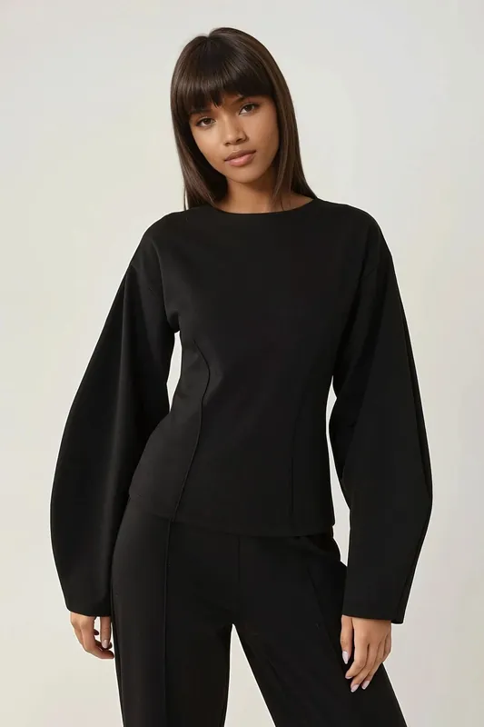 Fitted Long Sleeve Crew Neck Blouse - Hiccup