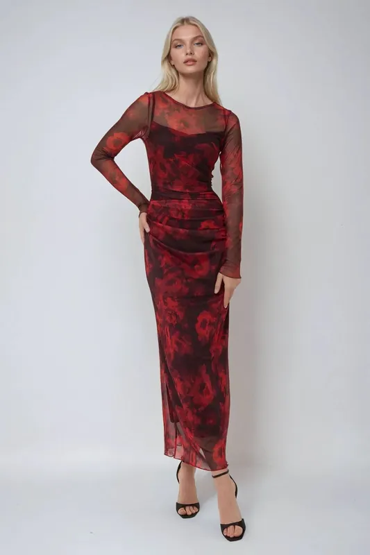 Floral Print Bodycon Maxi Mesh Dress - Hiccup