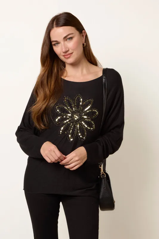 Black Embroidered Sequin Flower Top - Blue Vanilla