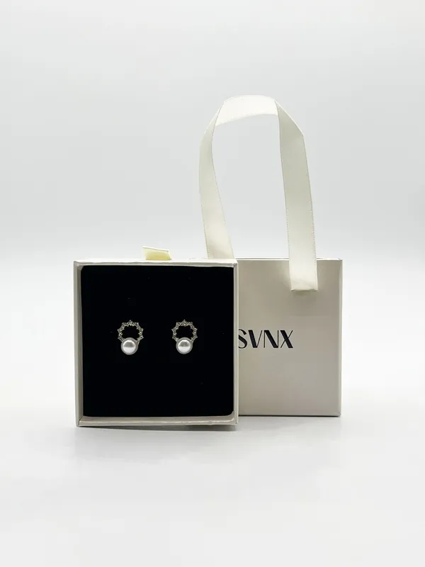 Pearl Stud Earring on Diamante Circular Wreath - Gift Boxed