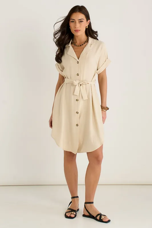 Beige Utility Belted Oversized Viscose Shirt Dress - Gini London
