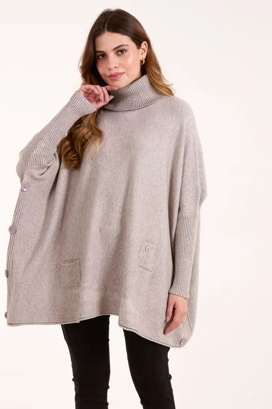 Roll Neck Button Mini Pocket Jumper - Blue Vanilla