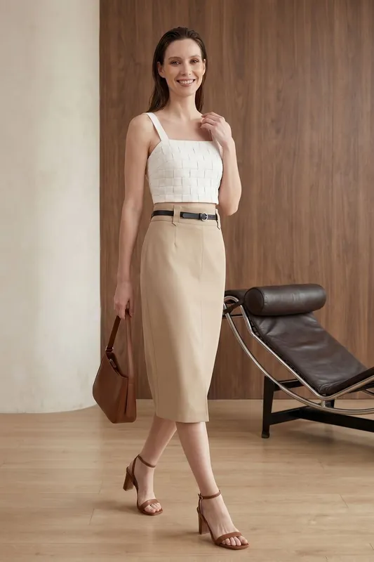 High-Waist Midi Pencil Skirt with Slit