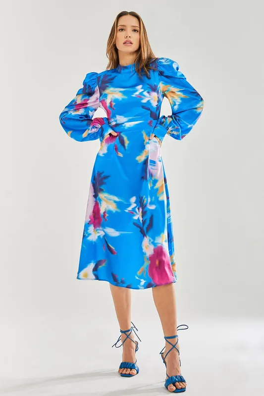 Blue Floral Satin Cut Out Back Midi Dress - Liquorish