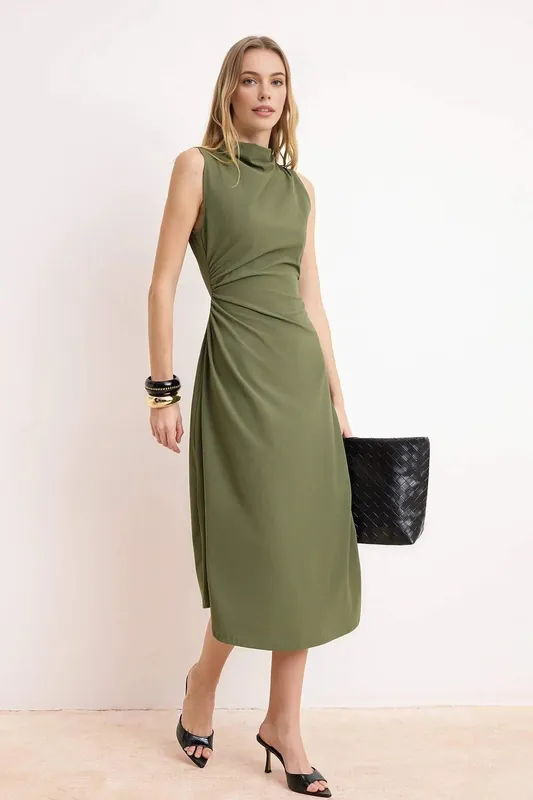 Asymmetric Ruched Sleeveless Midi Dress with Draped Waist - WOVCOR