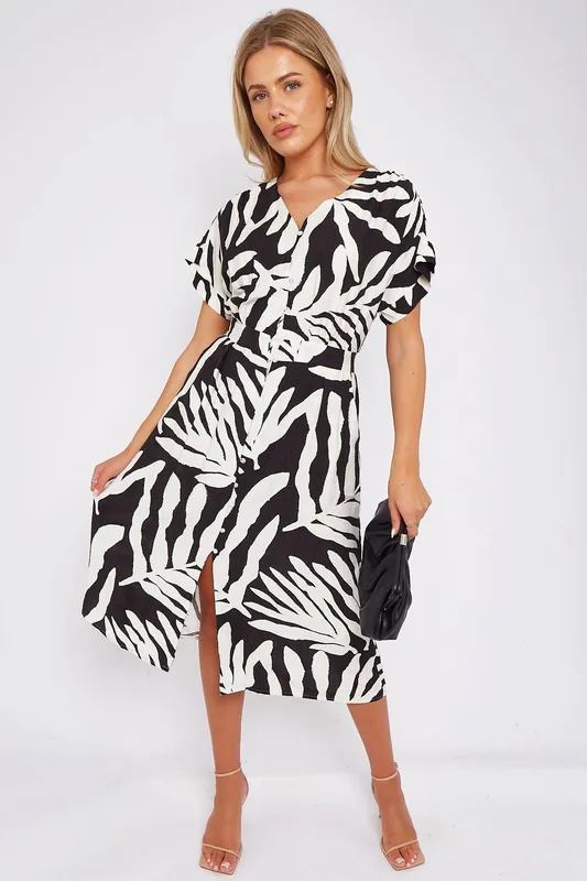 Black Leaf Print Short Sleeve V Neck Midi Dress - Love Sunshine