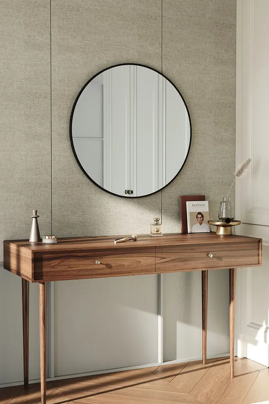 80cm Nordic Black Round Wall-Mounted Bathroom Mirror Metal Frame for Bedroom or Hallway