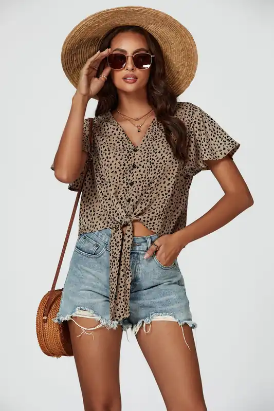Leopard Print Tie Knot Front Buttoned Crop Top In Beige - FS Collection