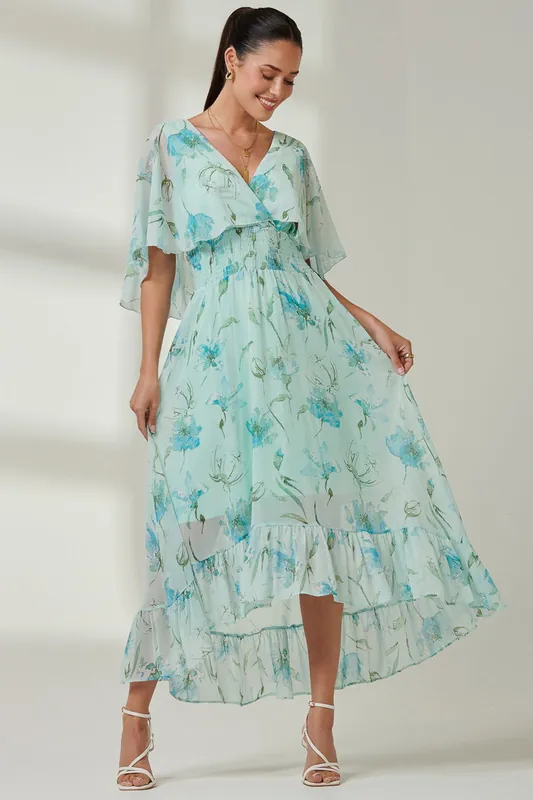 Frill V-neck Chiffon Maxi Dress