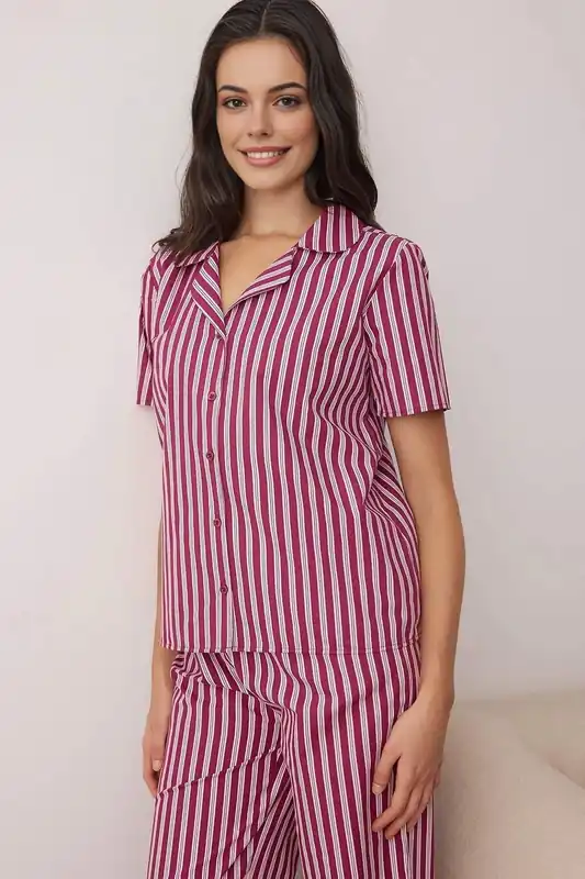 Vertical Stripe Revere Collar Short Sleeve Cotton Poplin Pyjama Set - WOVCOR