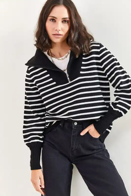 Hooded Striped Knitwear Sweater with Zipper - Bianco Lucci