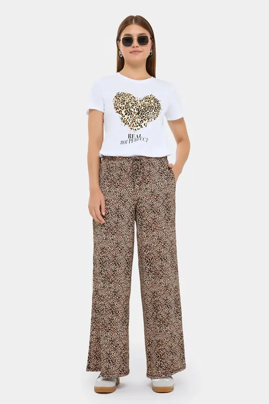 Animal Printed Wide-Leg Trousers with Lace-Up Detail
